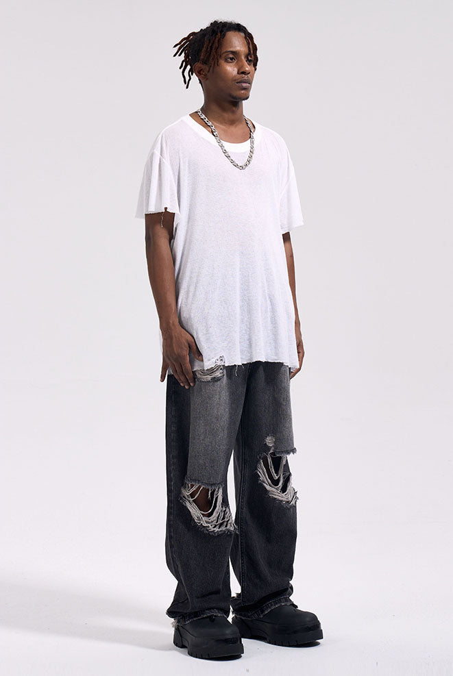 DISTRESSED BAGGY PANTS - BLACK